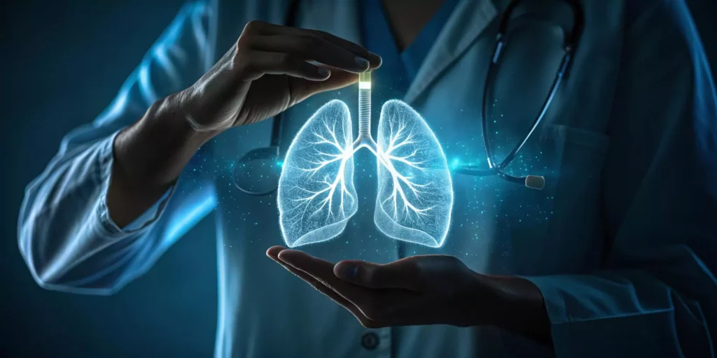 Breathe applies catalytic carbon neutralization, shown by a doctor holding a holographic lung.