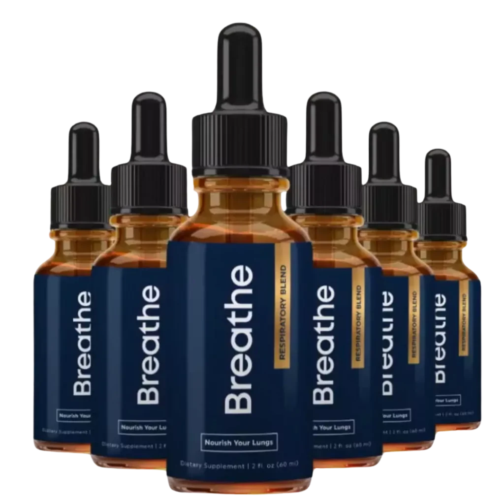 Six bottles of Breathe Lungreset supplement arranged neatly, showcasing the product label with the words 'Breathe', 'Respiratory Blend', and 'Nourish Your Lungs' clearly visible on a blue background.
