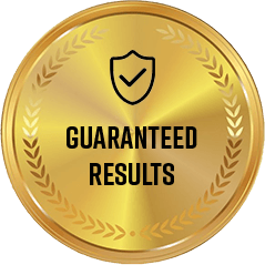 Promotes guaranteed results, highlighted by a gold badge with a shield icon.